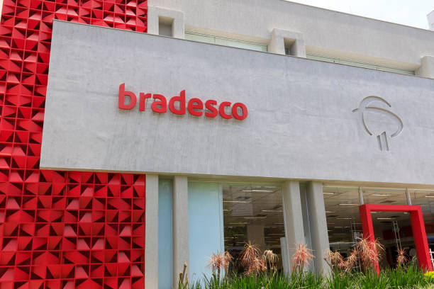 Sao Paulo, Brazil - jan 21 2020 - Facade of Bradesco bank branch, advertising sign and logo. Company listed on B3, the Stock Exchange in Brazil. Editorial use only