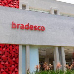 Sao Paulo, Brazil - jan 21 2020 - Facade of Bradesco bank branch, advertising sign and logo. Company listed on B3, the Stock Exchange in Brazil. Editorial use only
